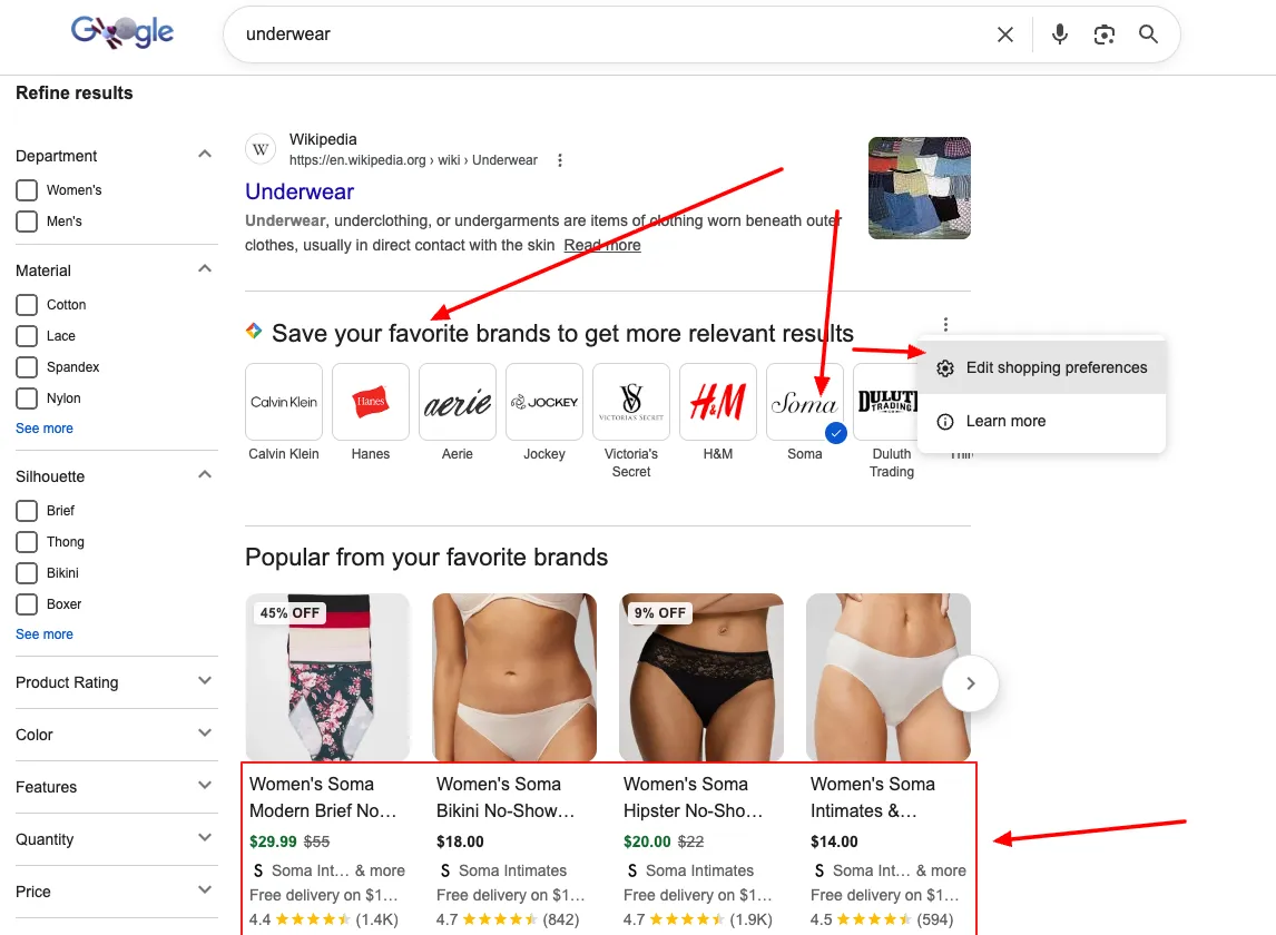 Google search results for 'underwear' showing the Save your favorite brands widget with brand tiles and a Popular from your favorite brands product carousel below